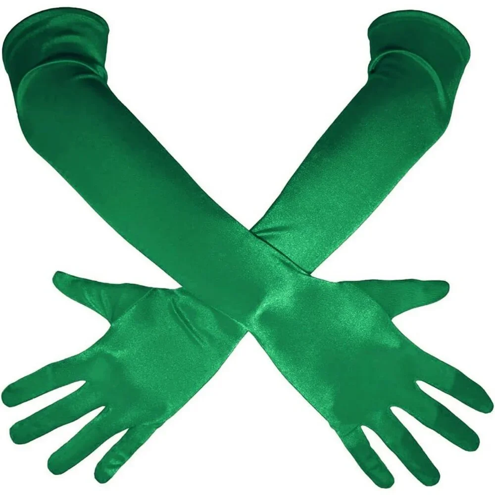 Women's Green Shiny Satin Long Gloves Elbow Length Wedding Dancing Party Tea